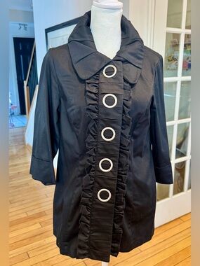 Kensie Black Ruffle Front Coat with Silver Ring Buttons